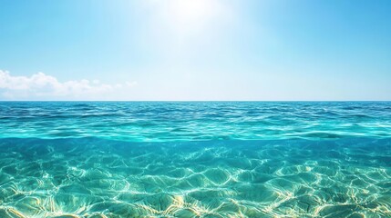 Tropical ocean shoreline, vibrant coral reefs visible through crystal clear water, vast blue horizon, warm sunlight, hyperrealistic