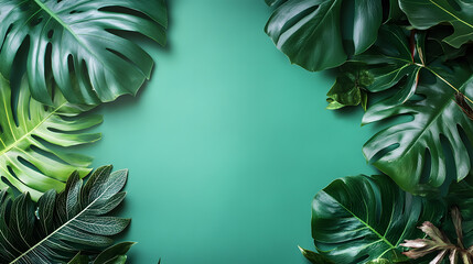 Wall Mural - Tropical leaf frame on green background with copy space. Flat lay. Top view. Summer or spring nature concept. Leaves mock up