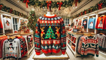 Wall Mural - The store showcases a variety of colorful holiday sweaters hung on racks, surrounded by cheerful Christmas decor and warm lighting, creating a festive atmosphere