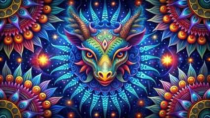  Colorful alebrije animal head centered inside radiant symmetrical mandala