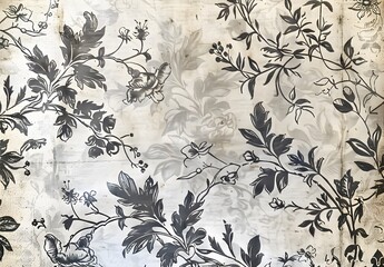 Antique Toile de Jouy Floral Textile Ink Drawing