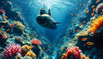 Vibrant underwater adventure with a submarine exploring colorful coral reefs and playful fish