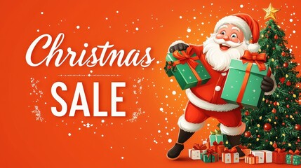 Poster - A joyful Santa Claus is seen holding colorful gift boxes beside a beautifully decorated Christmas tree, promoting a festive sale in a vibrant, festive setting