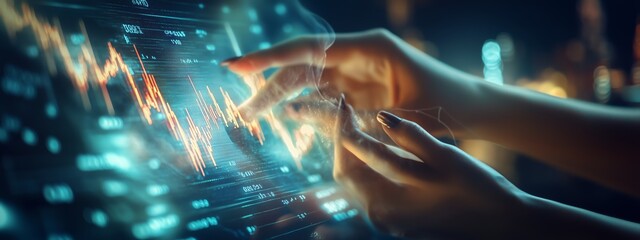 Poster - Analyzing stock market trends with digital interface at night in a modern office setting