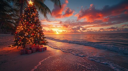 Aufkleber - The scene features a beautifully decorated Christmas tree positioned on the sandy beach, surrounded by wrapped gifts, as the sun sets on the horizon, casting colorful reflections on the water