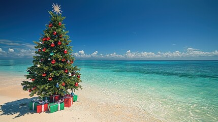 Poster - A vibrant Christmas tree stands on the sandy shore, adorned with colorful ornaments. Wrapped gifts sit at the base, against the backdrop of sparkling turquoise waters