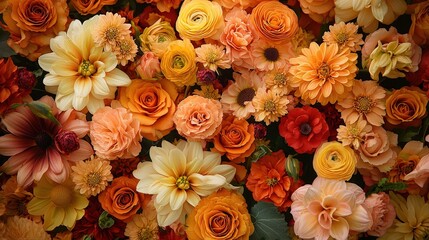 Poster - A colorful assortment of orange and peach flowers fills the arrangement, showcasing various blooms like roses, dahlias, and ranunculus. This bright display radiates warmth