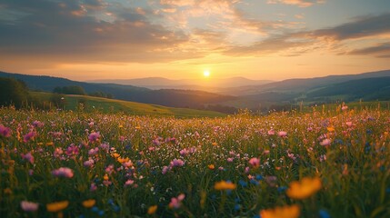 Poster - Wildflowers bloom in a colorful array as the sun sets behind rolling hills, casting a warm glow across the landscape in early summer