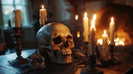 Mystical Halloween still-life background Skull, candlestick with candles, old fireplace Horror and witchery