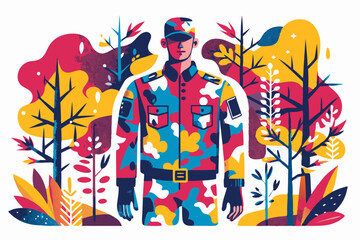 Vibrant Military Camouflage Soldier in Surreal Forest Illustration