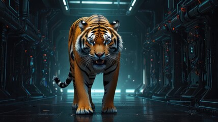 Sticker - Tiger in a Futuristic Corridor