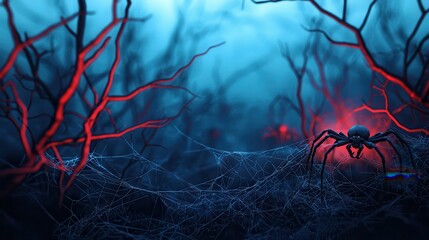 Cobweb-covered bushes with spiders, spooky garden decor, 3D illustration ,closes up