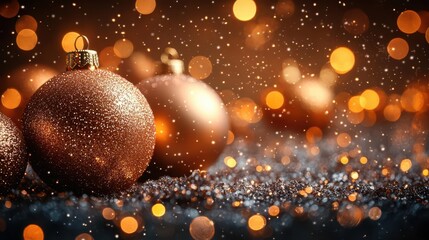 magical christmas scene glowing ornaments golden bokeh lights festive atmosphere winter wonderland sparkling decorations warm ambiance