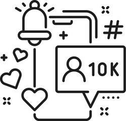Aufkleber - Blogging line icon of social media followers for video content and vlogging, vector pictogram. Social media icon of blogger followers, subscriptions and hashtag post likes for digital monetization