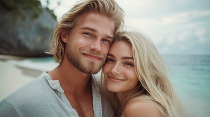 Close up portrait of blonde man and woman model couple on the beach feeling happy