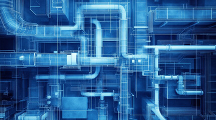 Poster - Aerial view of complex air duct pathways in blueprint style, showcasing intricate designs and structures. blue tones create modern and technical atmosphere, emphasizing engineering aspects