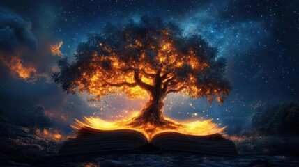 Wall Mural - magical glowing tree emerging from an open book against a starry night sky luminous pages flutter creating a sense of wonder and the power of imagination