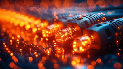 Poster - Close-up of glowing network cables, illuminated in red and blue light, symbolizing high-speed digital connectivity