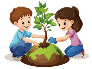 Two children plant a young tree together in a cheerful, green environment, promoting teamwork and love for nature.