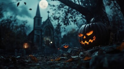 Wall Mural - Pumpkin zombie Rising Out Of A Graveyard cemetery and church In Spooky scary dark Night full moon bats on tree