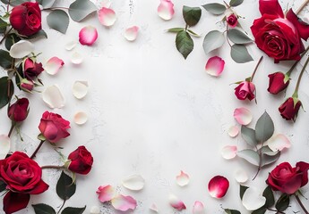 Wall Mural - floral frame border red roses white petals