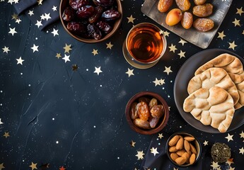 Ramadan Feast: Dates, Apricots, Pita Bread, and Tea