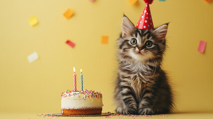 
A fluffy kitten wearing a red party hat, sitting next to a small birthday cake with confetti sprinkles, against a soft yellow