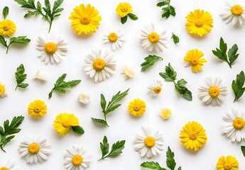 Wall Mural - white & yellow daisies floral flat lay pattern