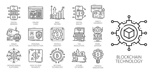 Poster - Fintech, blockchain, cryptocurrency technology line icons. Digital business and finance vector outline symbols of bitcoin, digital money exchange, wallet and banking, virtual loan and direct payment