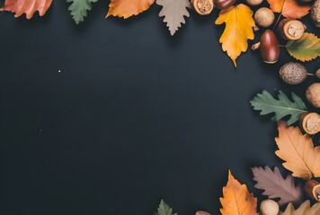 Autumn Leaves and Acorns Frame on Dark Background