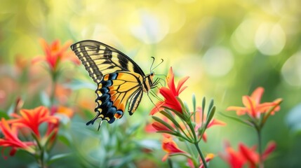 Canvas Print - Butterfly on Flower in a Garden