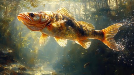 majestic freshwater perch leaping from crystalclear lake sunlight glinting off scales lush green forest backdrop