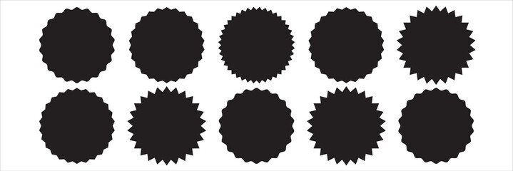 Set of black price sticker, sale or discount sticker, sunburst badges icon. Star shape with different number of rays. Special offer price tag. Starbrust collection. Isolated on white background