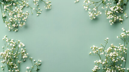 Wall Mural - Small white gypsophila flowers on pastel green background. Women's Day, Mother's Day, Valentine's Day, Wedding concept. Flat lay. Top view. Copy space