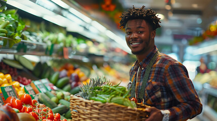 Wall Mural - A close-up of a happy, stylish young man shopping in the fresh produce section of a supermarket, holding a basket while browsing colorful fruits and vegetables displayed in the grocery store.