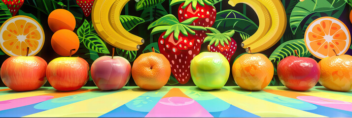 Wall Mural - Fruity Frenzy: A fruity-themed game show backdrop covered in colorful fruit illustrations, including bananas, apples, oranges, and strawberries, adding a playful touch to the stage.