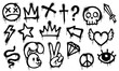 © Vector Tradition - Graffiti spray paint, grunge ink elements of vector street art. Black spray paint heart, star, crown, dead smile emoji and peace symbol, drips and splashes. Graffiti arrow, skull, lightning and eye