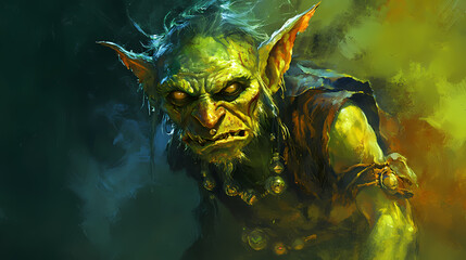 A goblin with a green complexion and a mischievous streak, hoarding treasure and causing mischief wherever it goes.digital art painting,fantasy art,wallpaper. generative ai. Goblin. Illustration