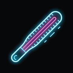 Poster - Glowing neon line medical thermometer for medical examination icon isolated on a black background. Vector