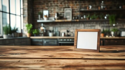 Empty picture frame on wooden table with blurred rustic kitchen background.