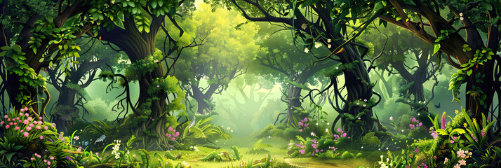 Forest Fantasia: A lush, green game show backdrop featuring trees, flowers, and vines intertwining with one another, creating a whimsical woodland setting that draws the audience in.