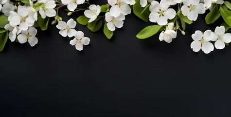 Wall Mural - white apple blossoms on black background with copy space
