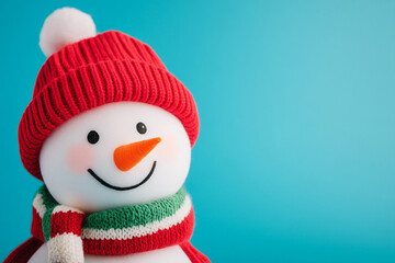 Wall Mural - 
a candid high resolution photo of a cute smiling snowman in a cozy red hat and scarf with white and green stripes