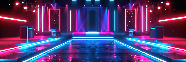 Poster - Vibrant Vibes: A neon-lit game show background with vibrant red and blue colors, designed for an energetic and exciting stage.