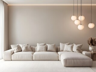Fototapete - Cozy and inviting modern living room with a large comfortable sectional sofa and minimalist stylish decor accent wall and modern light fixtures featuring clean lines and a 3D render