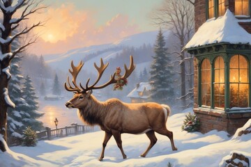 Portrait of a Christmas Reindeer, holiday winter seasonal nature theme concept texture design illustration. 
