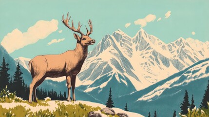 A vintagestyle postcard of the Canadian Rockies, featuring handdrawn wildlife and snowy peaks