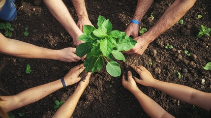 Environmental activists planting a tree together, concept of ecological consent and global alliance