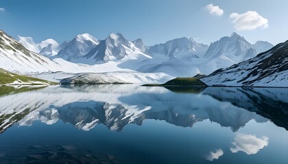 Wall Mural - Tranquil Alpine Lake with Crystal-Clear Reflection of Snow-Capped Mountains and Ample Copy Space