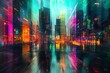 © DK_2020 - Futuristic cityscape, holographic buildings, iridescent skies, surreal, distorted, mesmerizing, otherworldly